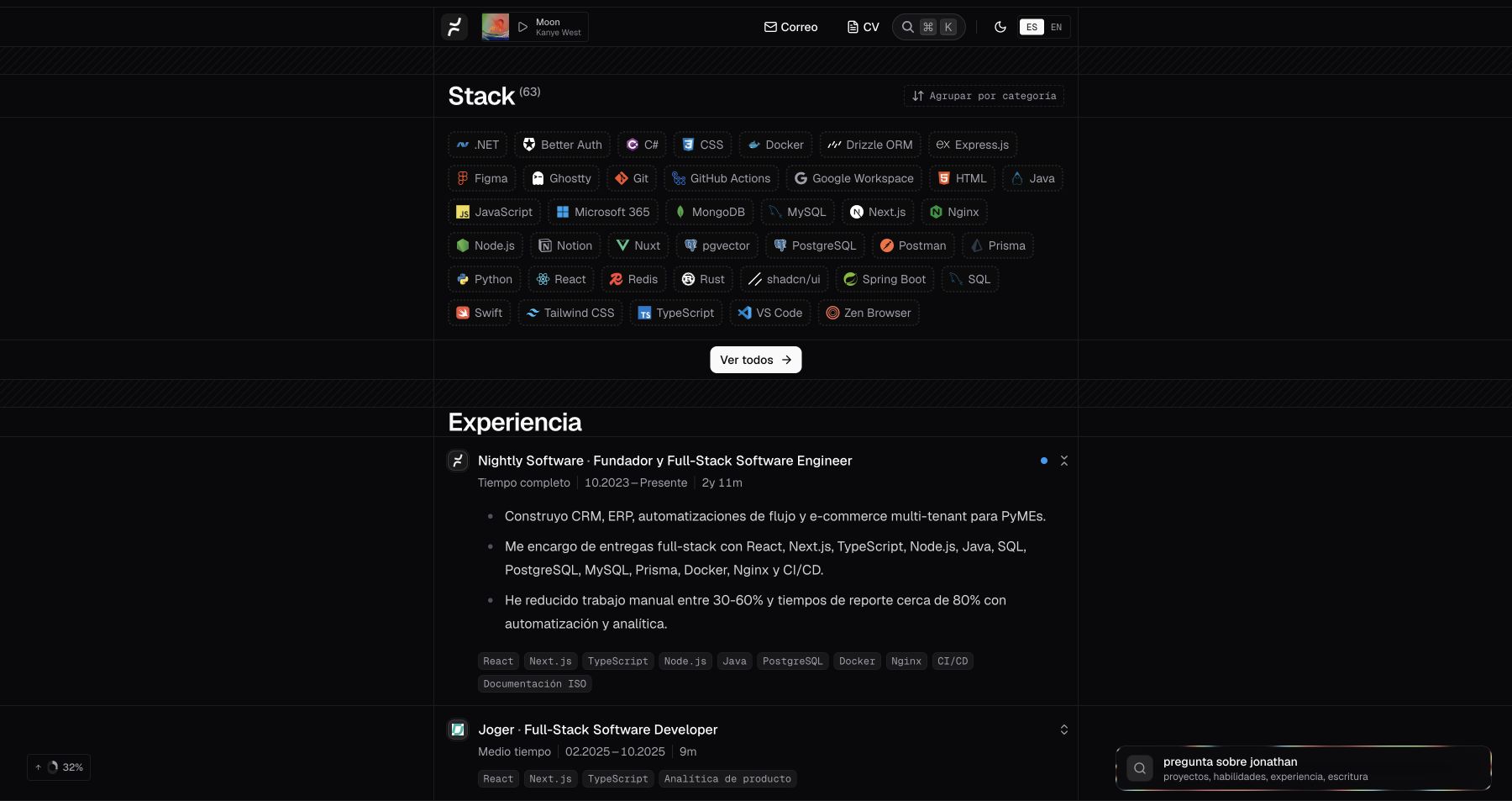Stack técnico presentado como parte de la narrativa personal