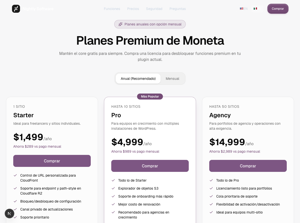 Sección comercial con planes premium, licenciamiento y activación del plugin