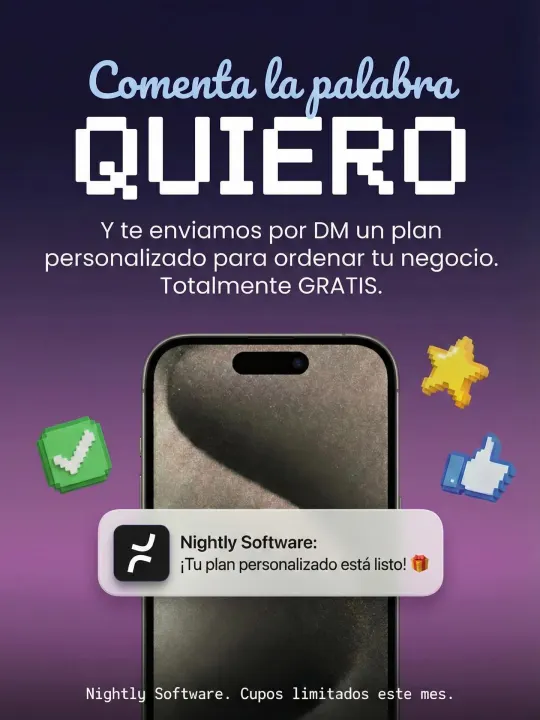 Final slide: an invitation from Nightly Software to message us on Instagram, with a phone showing a notification.