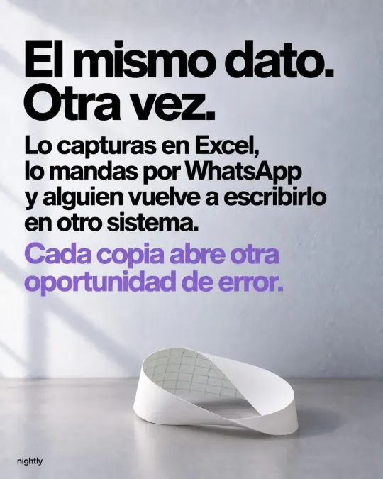 El mismo dato. Otra vez. Lo capturas en Excel, lo mandas por WhatsApp y alguien vuelve a escribirlo en otro sistema. Cada copia abre otra oportunidad de error.
