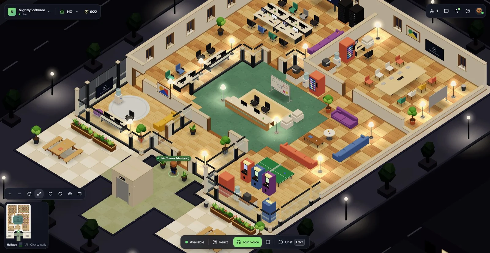 Nightly’s office, with spaces for work, meetings and social time