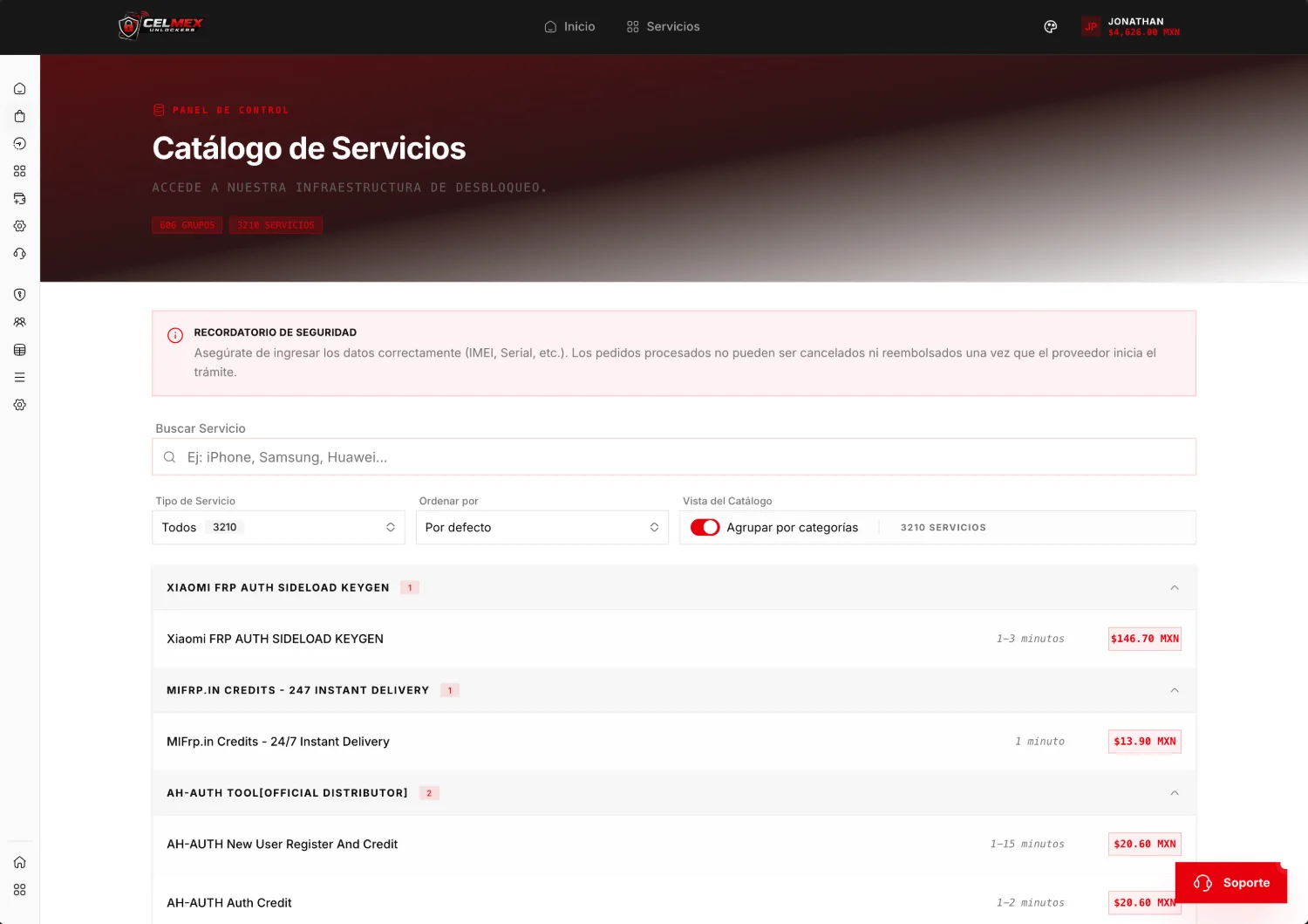 Real screenshot of CelMex · Service catalog
